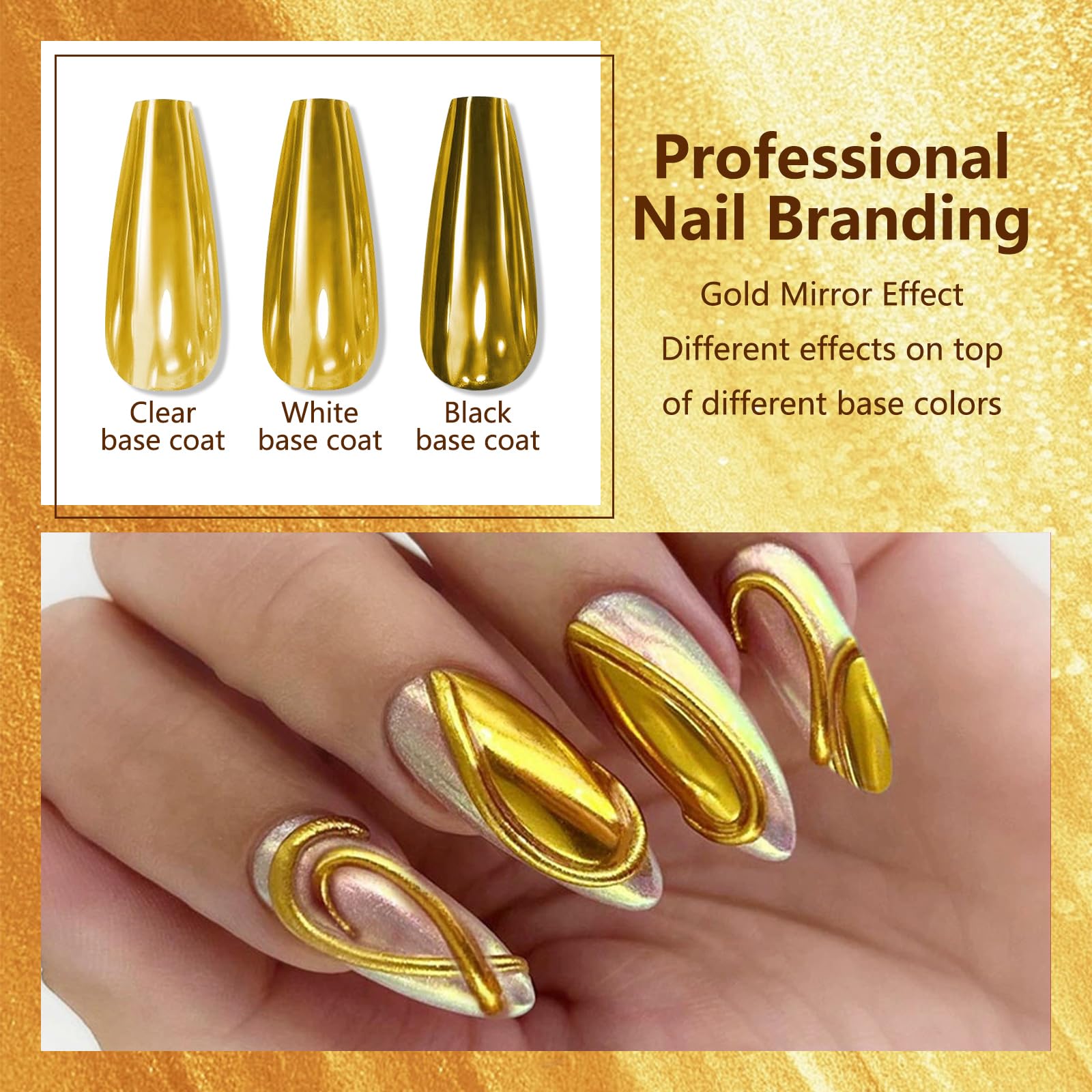 Vonrui gold chrome nail pigment powder swatch on professional nails