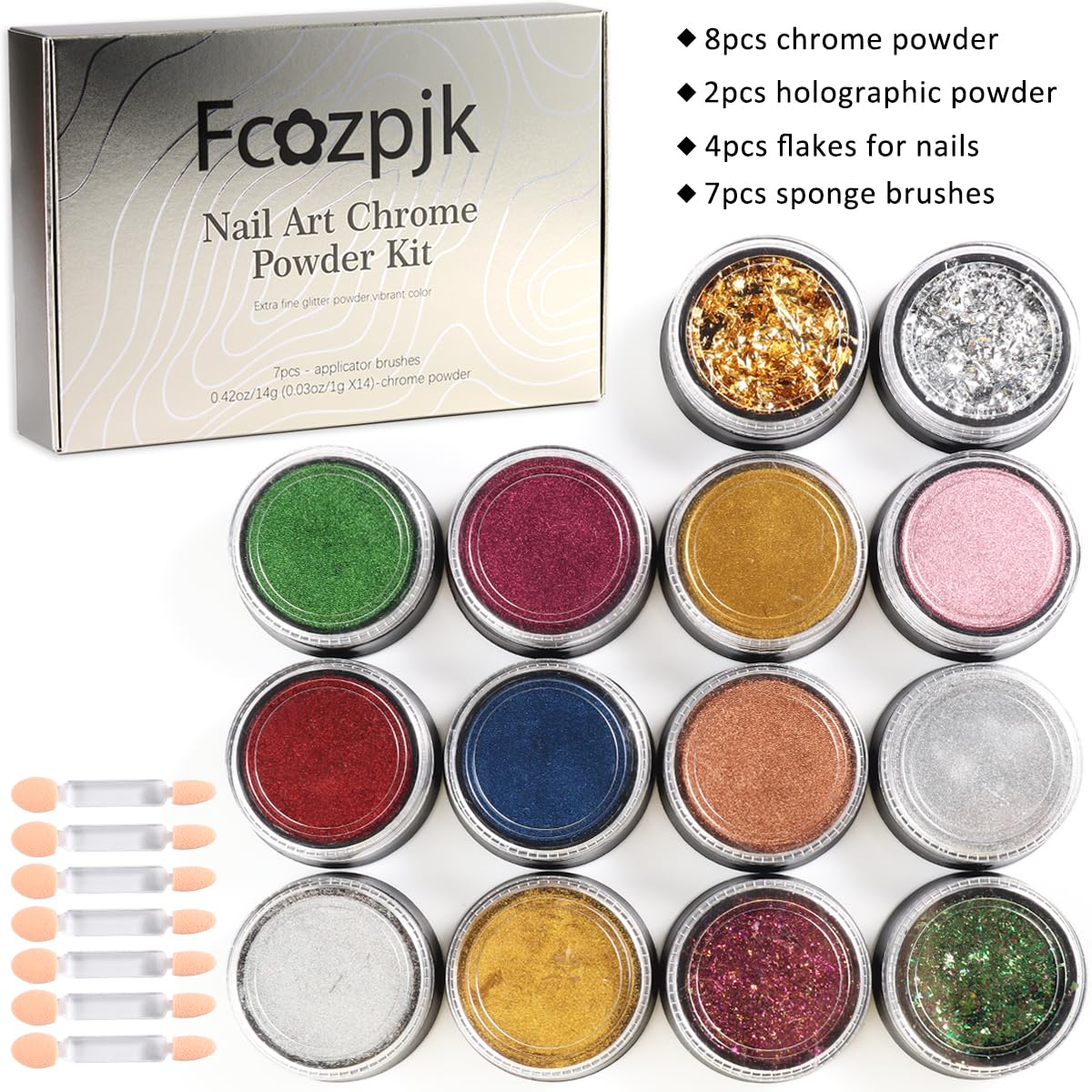 Close up of metallic mirror effect nail powder pigment jars