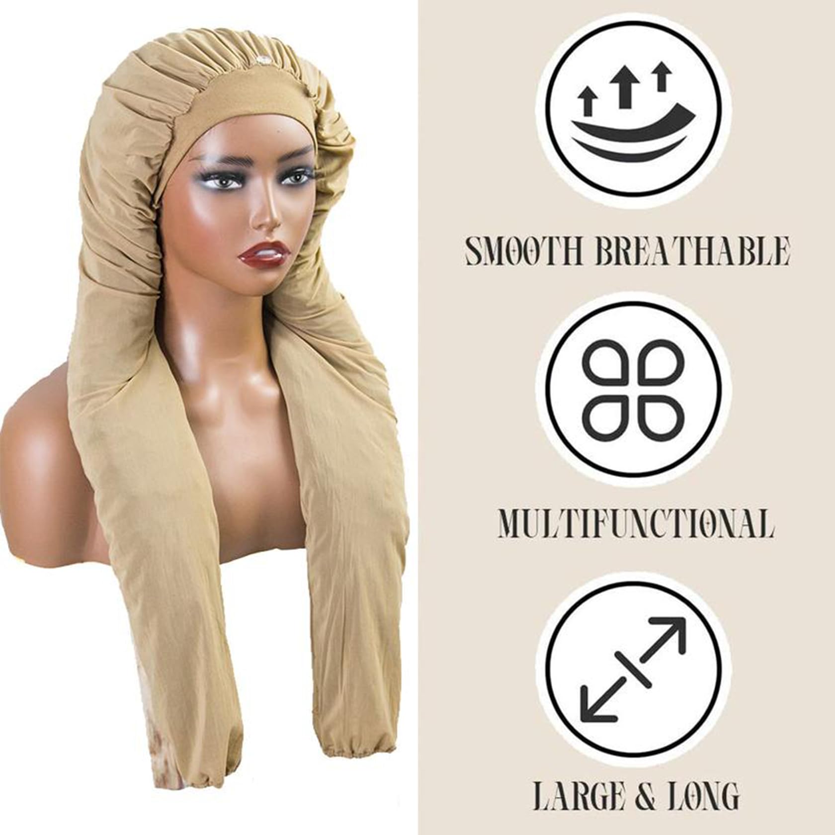 MsFan 2 in 1 long hair bonnet for sleeping displaying the extended length capacity for box braids and locs