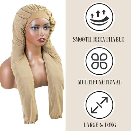 MsFan 2 in 1 long hair bonnet for sleeping displaying the extended length capacity for box braids and locs