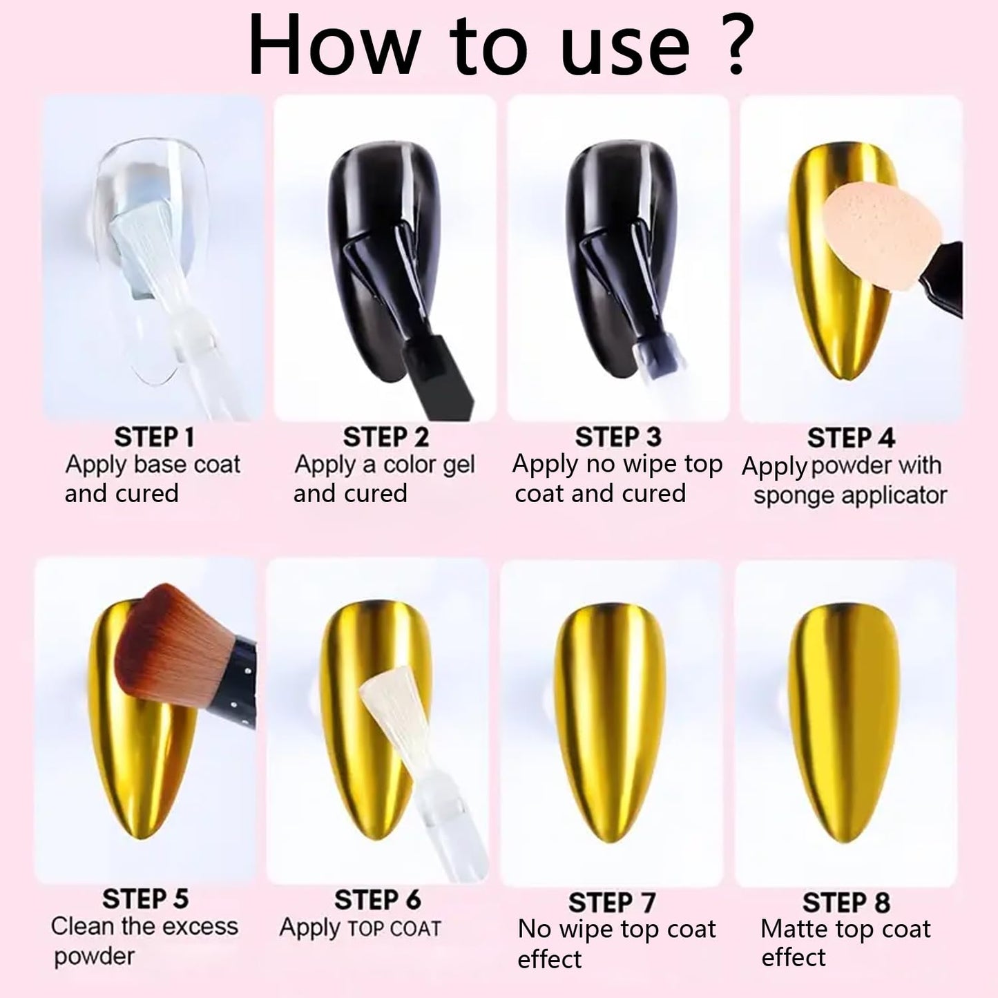 High gloss reflective gold chrome nail art design result