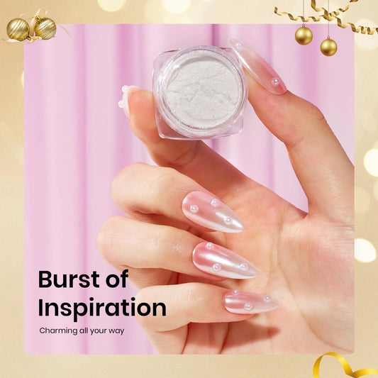 Close up of pearl mirror effect on gel nails