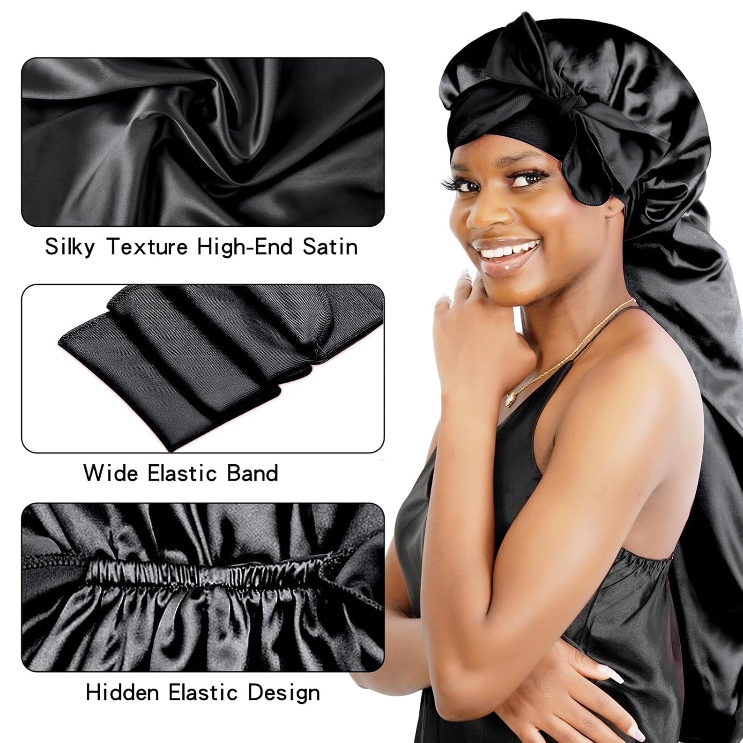 Adjustable tie band feature on black satin sleep bonnet
