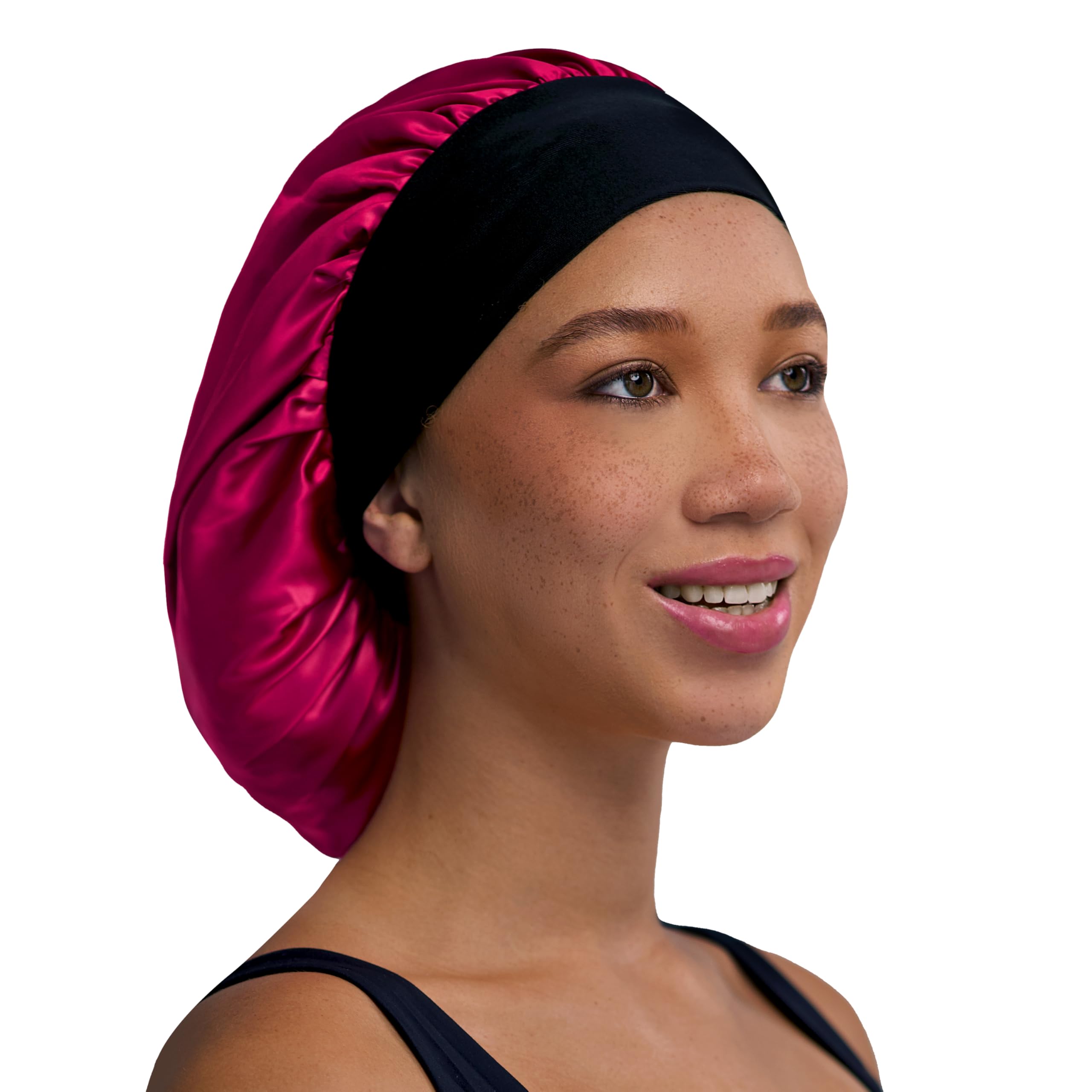 Side profile of Evolve satin hair bonnet for braids