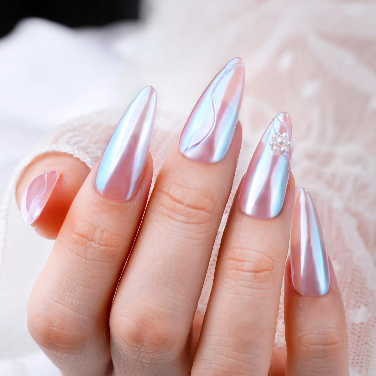 Detailed view of unicorn holographic nail art effect