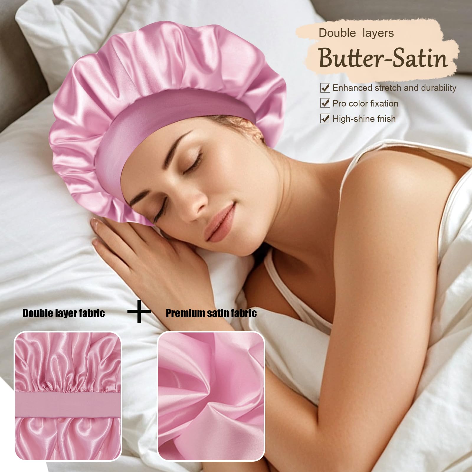 Pink double layer silk sleep cap demonstrating soft satin lining interior.