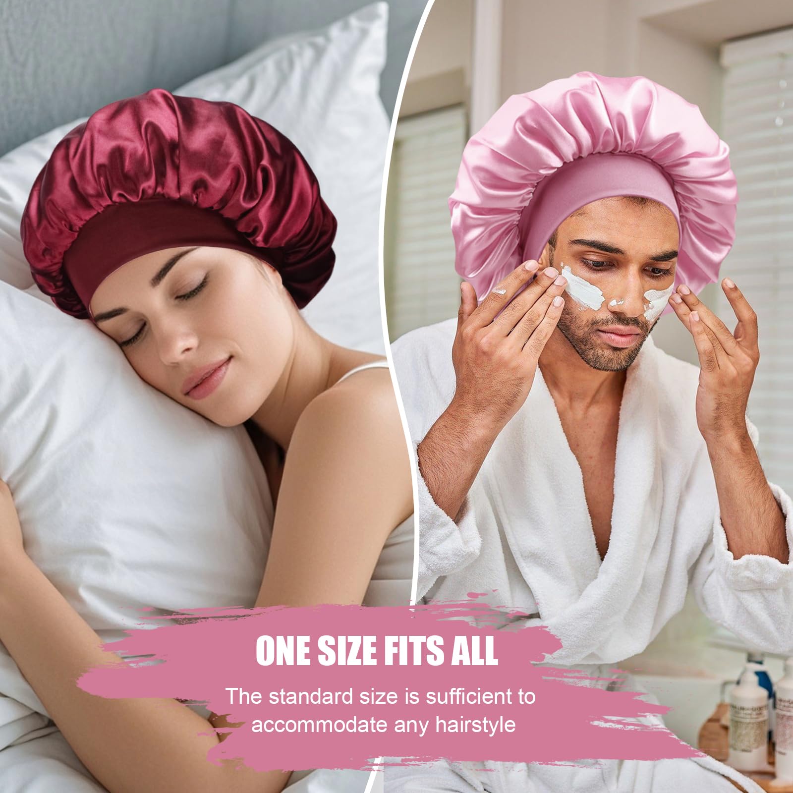 Premium quality pink satin fabric detail of the anti frizz sleeping cap.