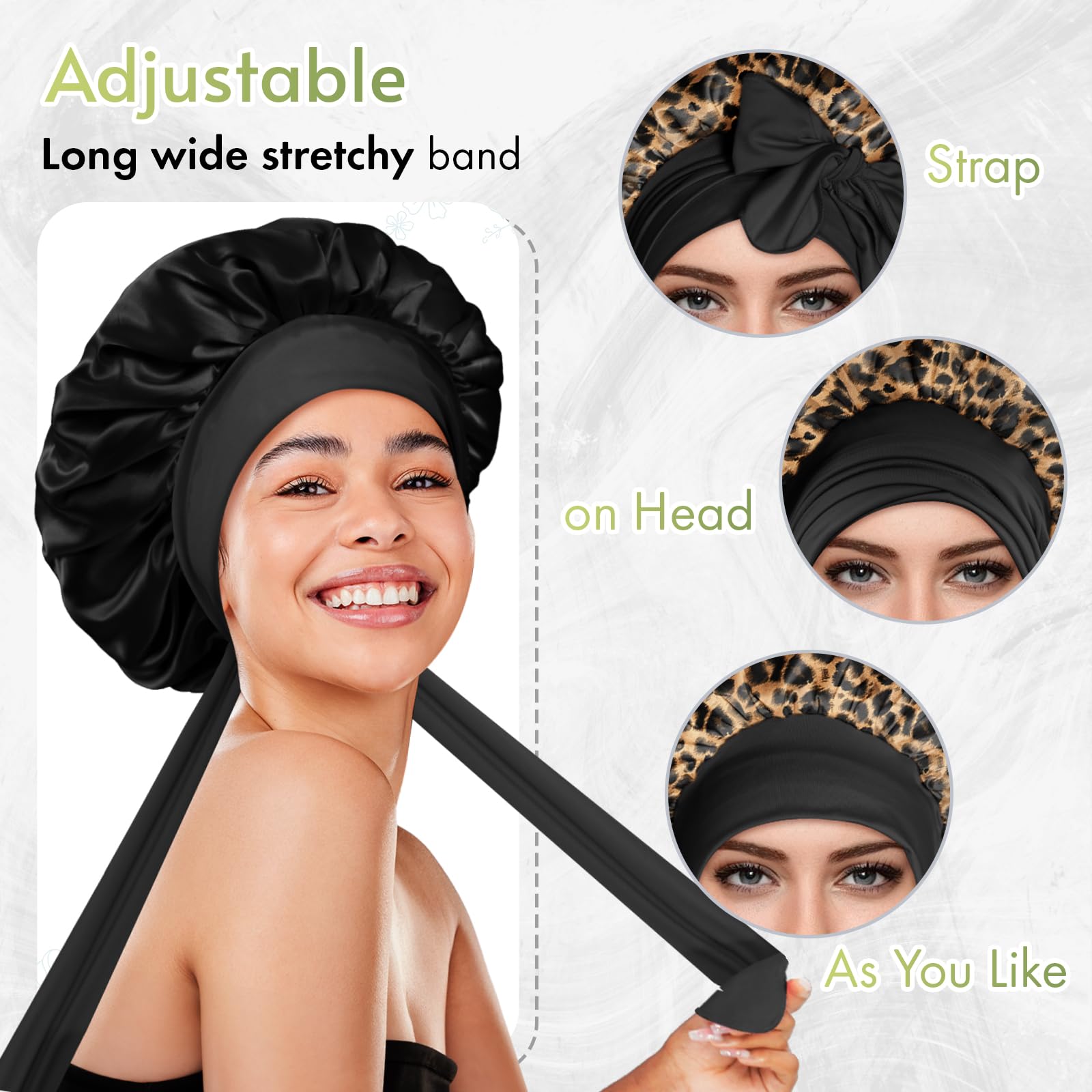 Model wearing Bonnet Queen leopard print satin sleep cap