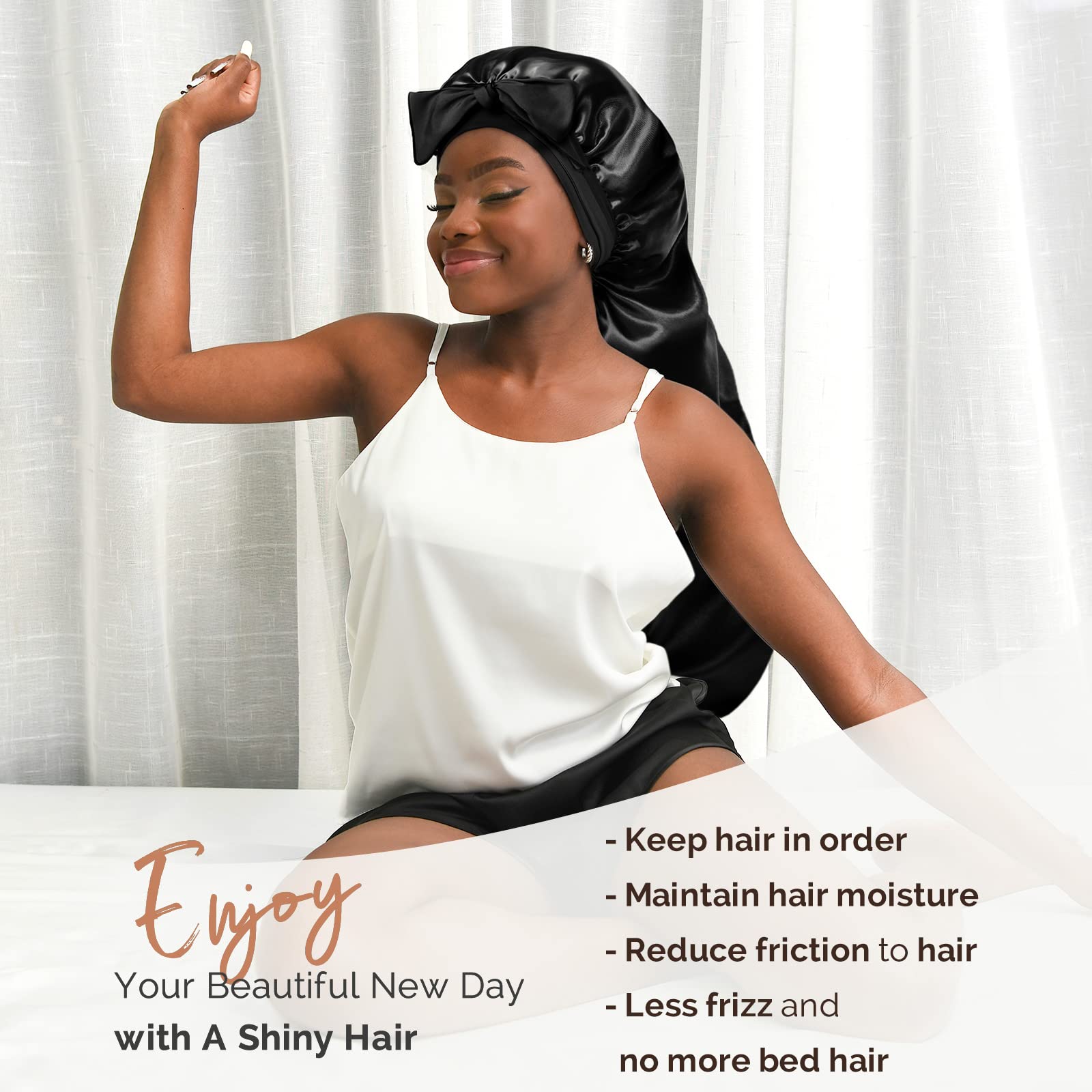 YANIBEST Hair Cap for sleeping illustrating the wide stretchy non slip tie band detail