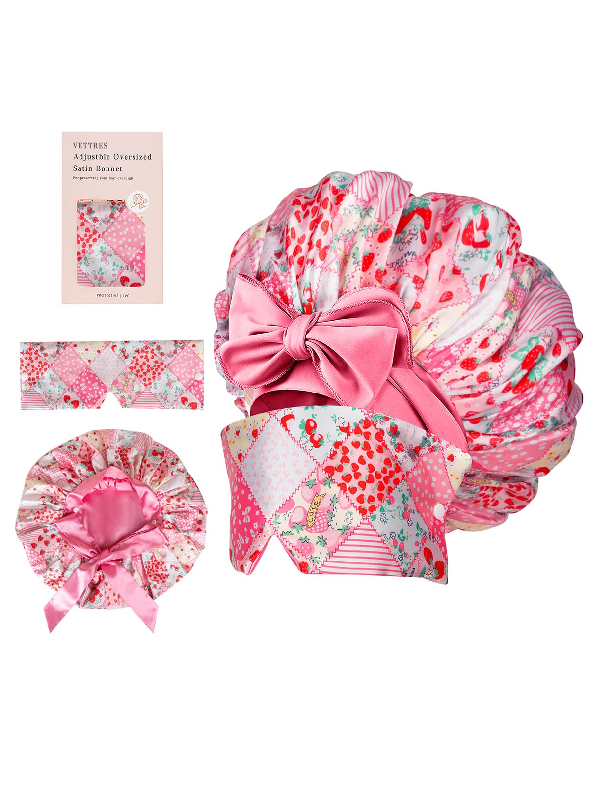 Vettres satin hair bonnet with detachable eye mask attached for overnight hair protection and deep sleep.