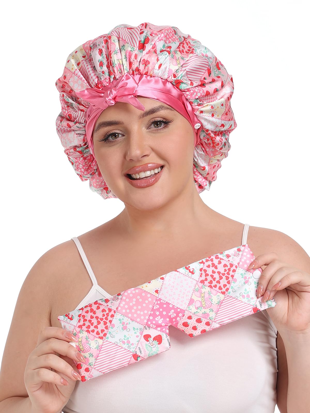 Side view of the Vettres luxury silk sleeping cap illustrating full volume coverage for long curly hair.