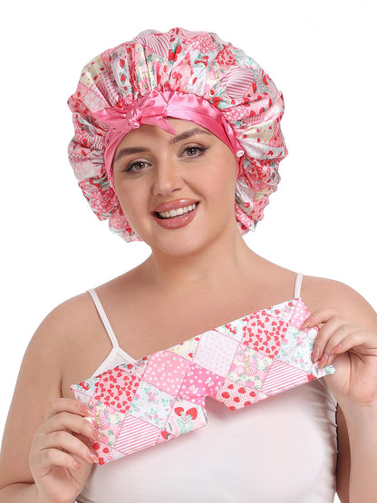 Side view of the Vettres luxury silk sleeping cap illustrating full volume coverage for long curly hair.