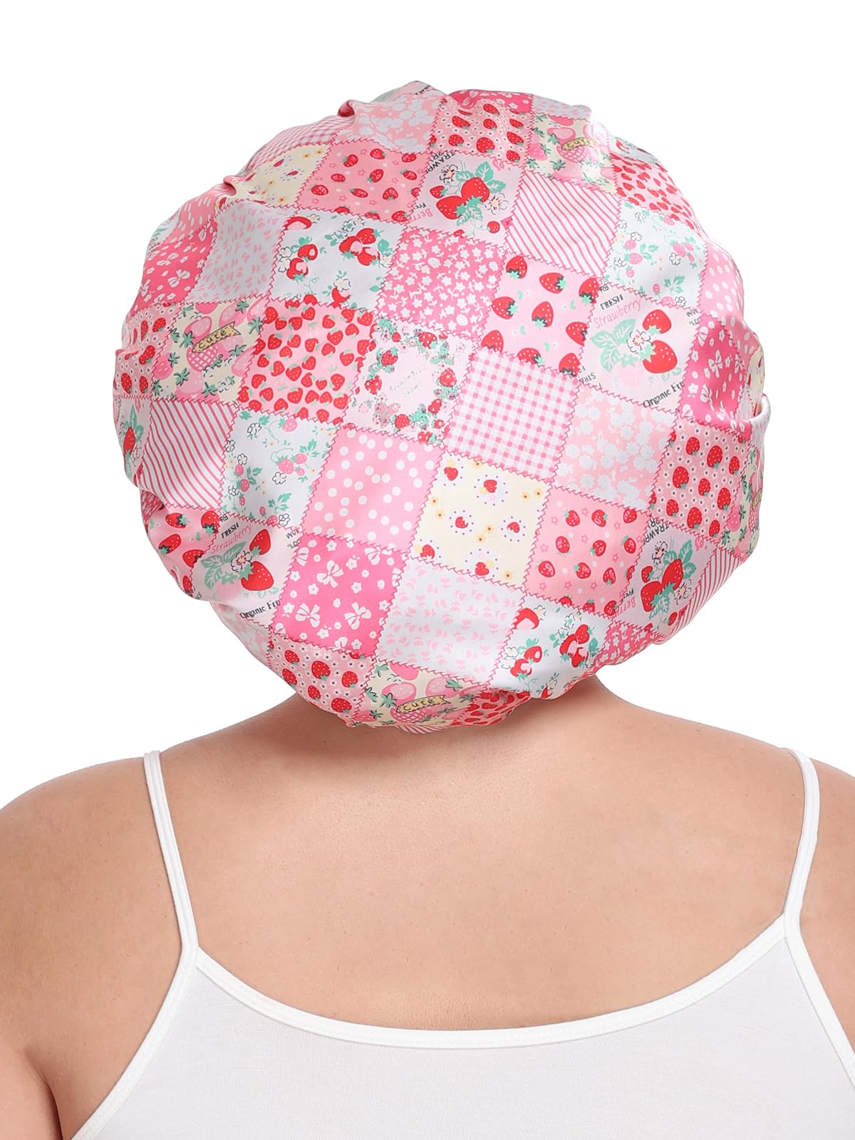 Vettres packaging content displaying the floral strawberry pink satin night cap alongside the separate matching eye mask.