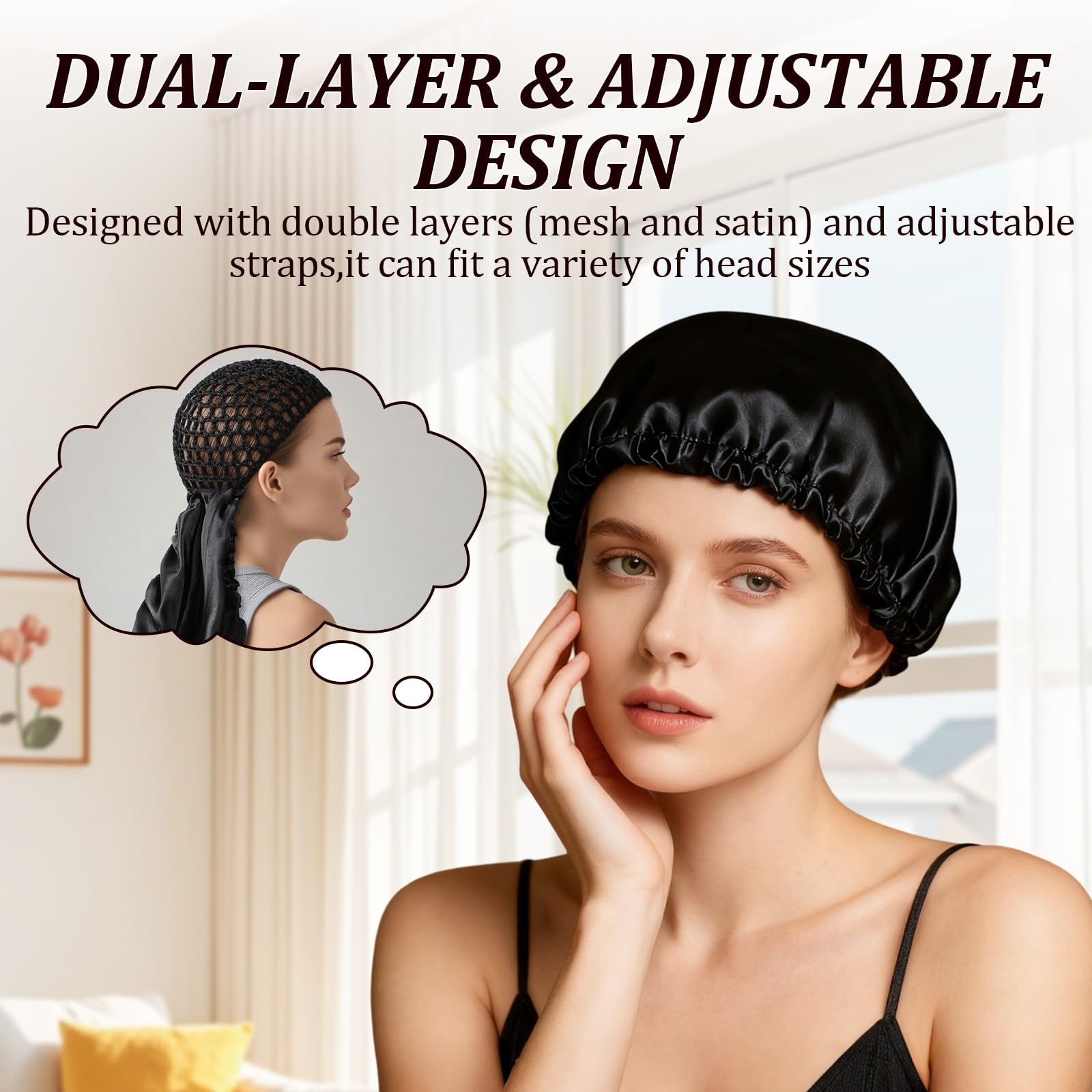 Vihaanta satin hair wrap cap demonstrating how the adjustable band ties securely for a silk press.