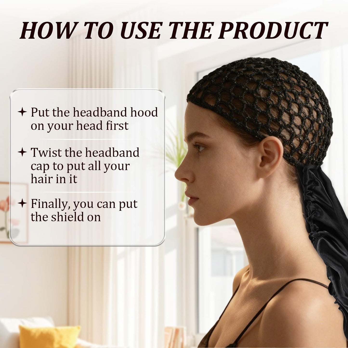 Side view of the double layered nettie band bonnet accommodating long natural curly hair.
