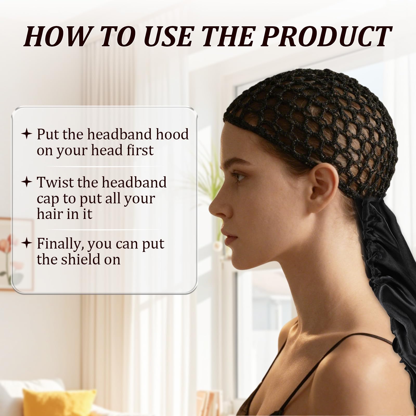 Side view of the double layered nettie band bonnet accommodating long natural curly hair.
