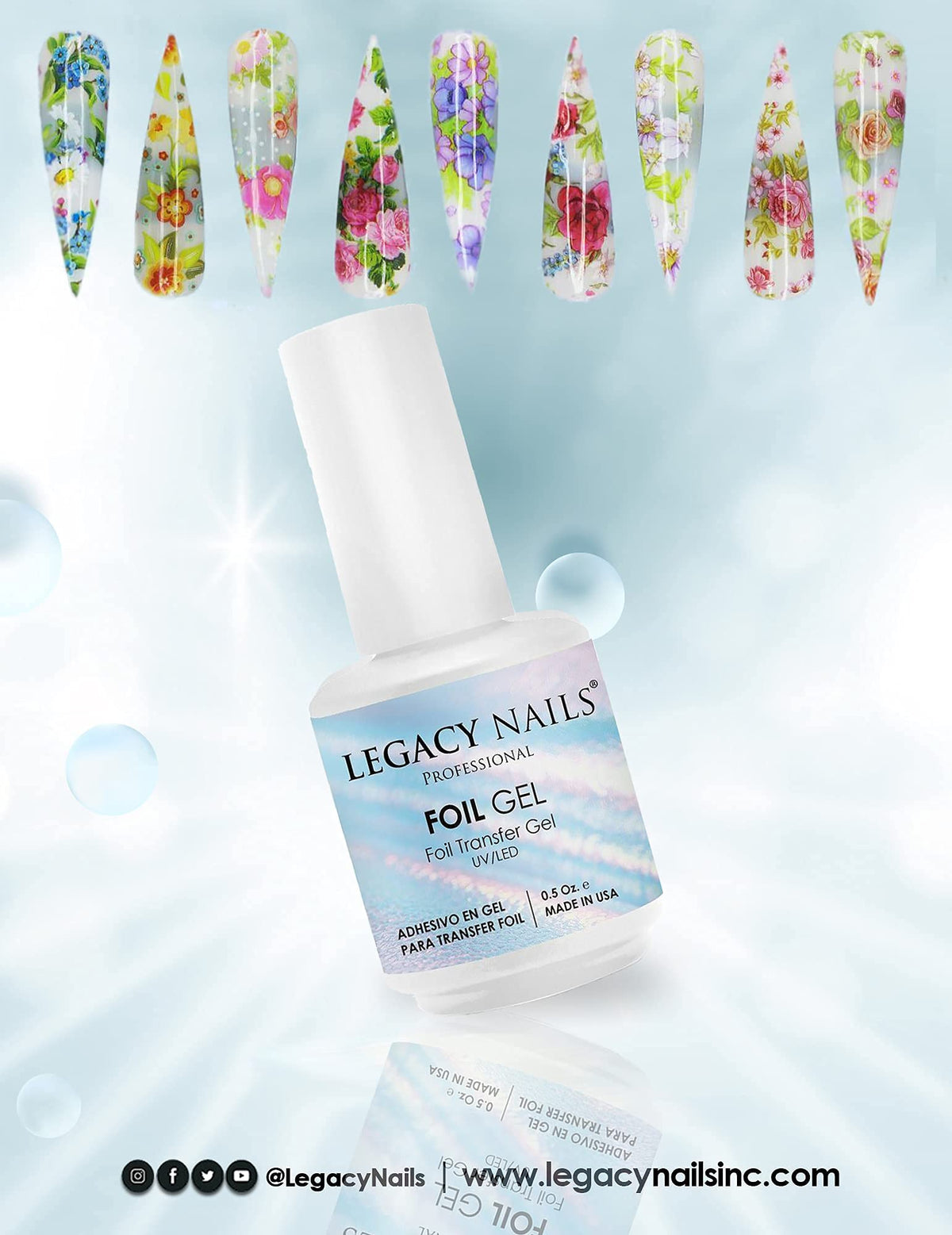 Legacy Nails Professional Foil Transfer Gel applied on acrylic nail extensions