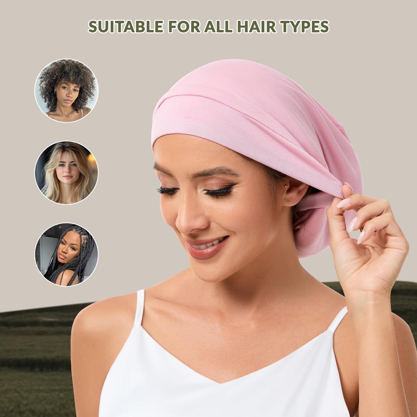 Model wearing pink NatureKess adjustable silk hair wrap cap for curly hair protection