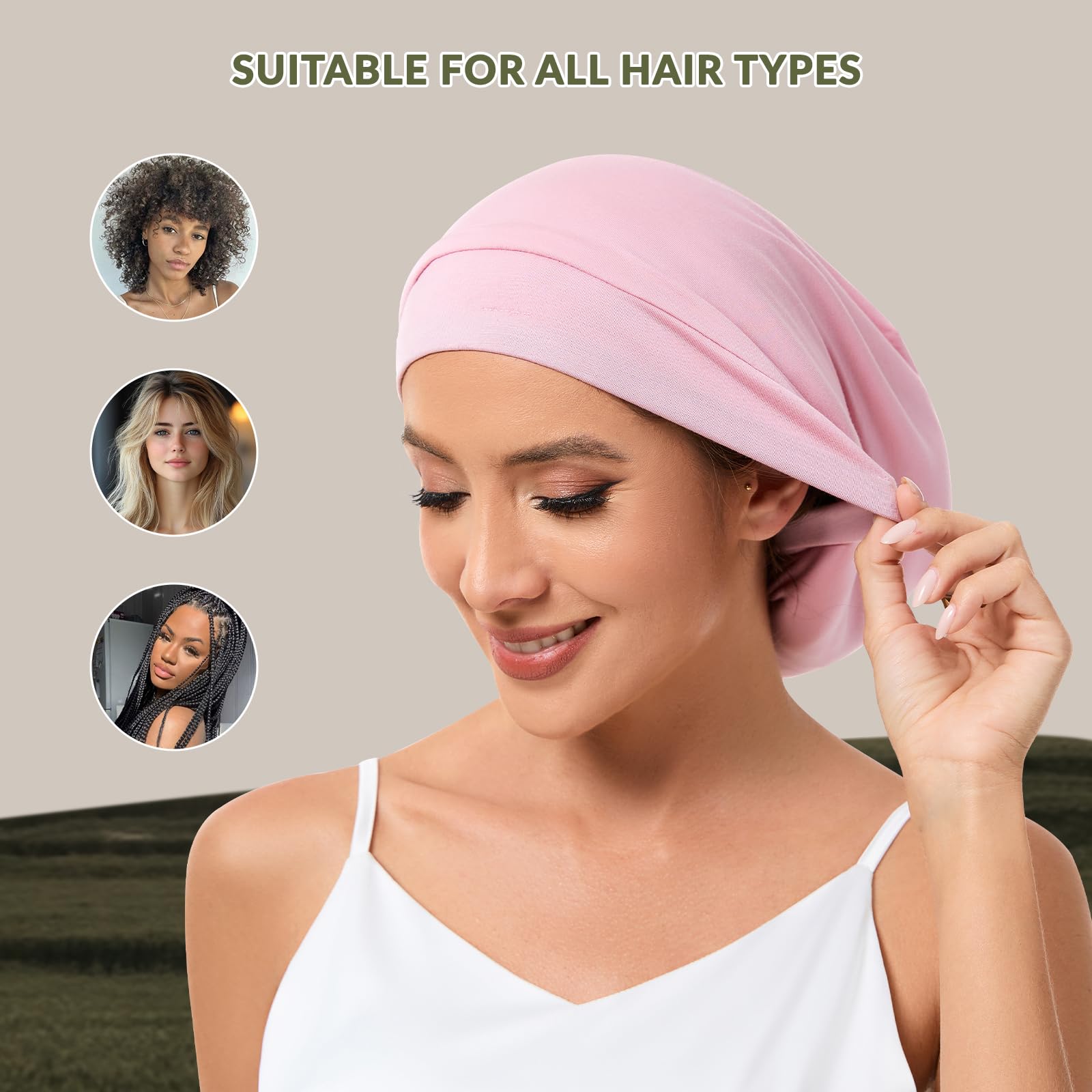 Model wearing pink NatureKess adjustable silk hair wrap cap for curly hair protection