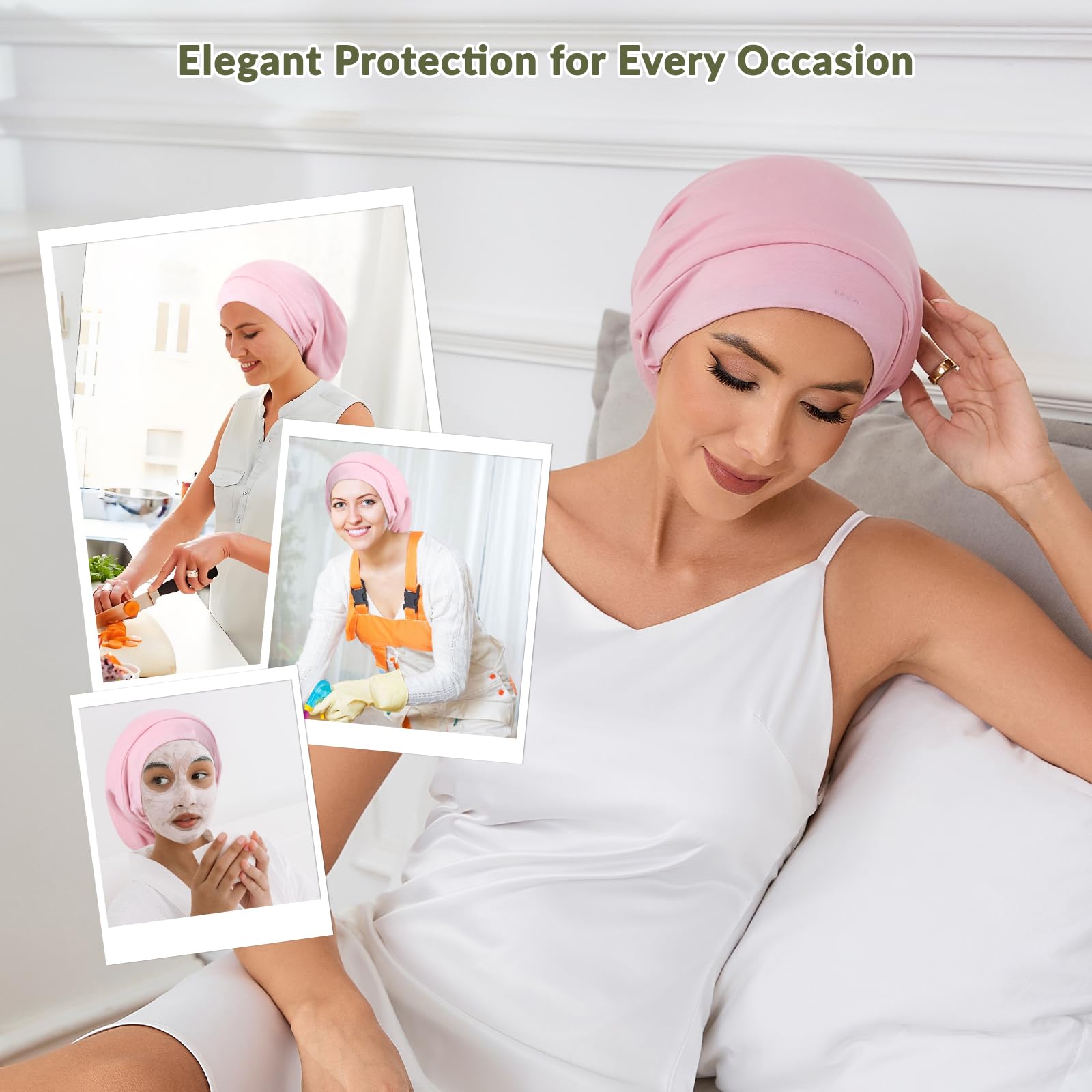 NatureKess pink silk sleep bonnet cap showcasing the stretchable outer fabric and adjustable strap details