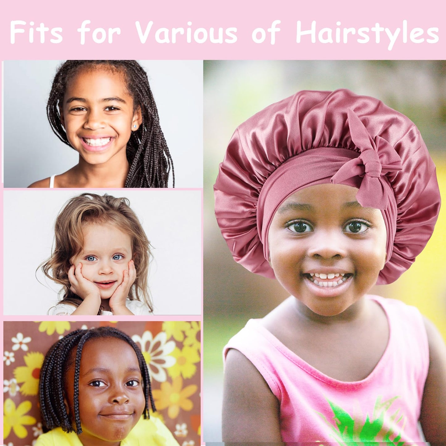 Two pack toddler sleeping caps for girls curly hair protection with long adjustable tie bands