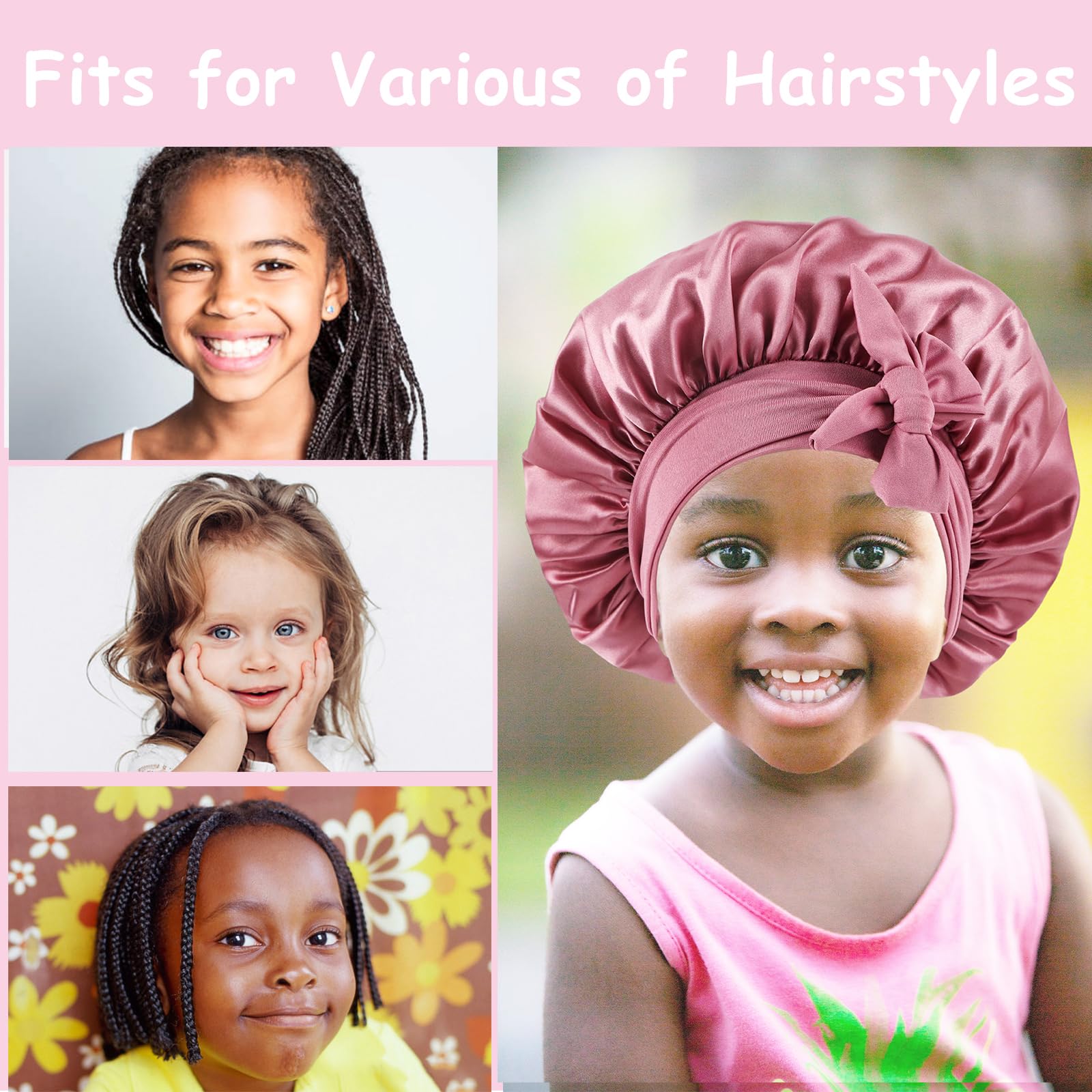Two pack toddler sleeping caps for girls curly hair protection with long adjustable tie bands