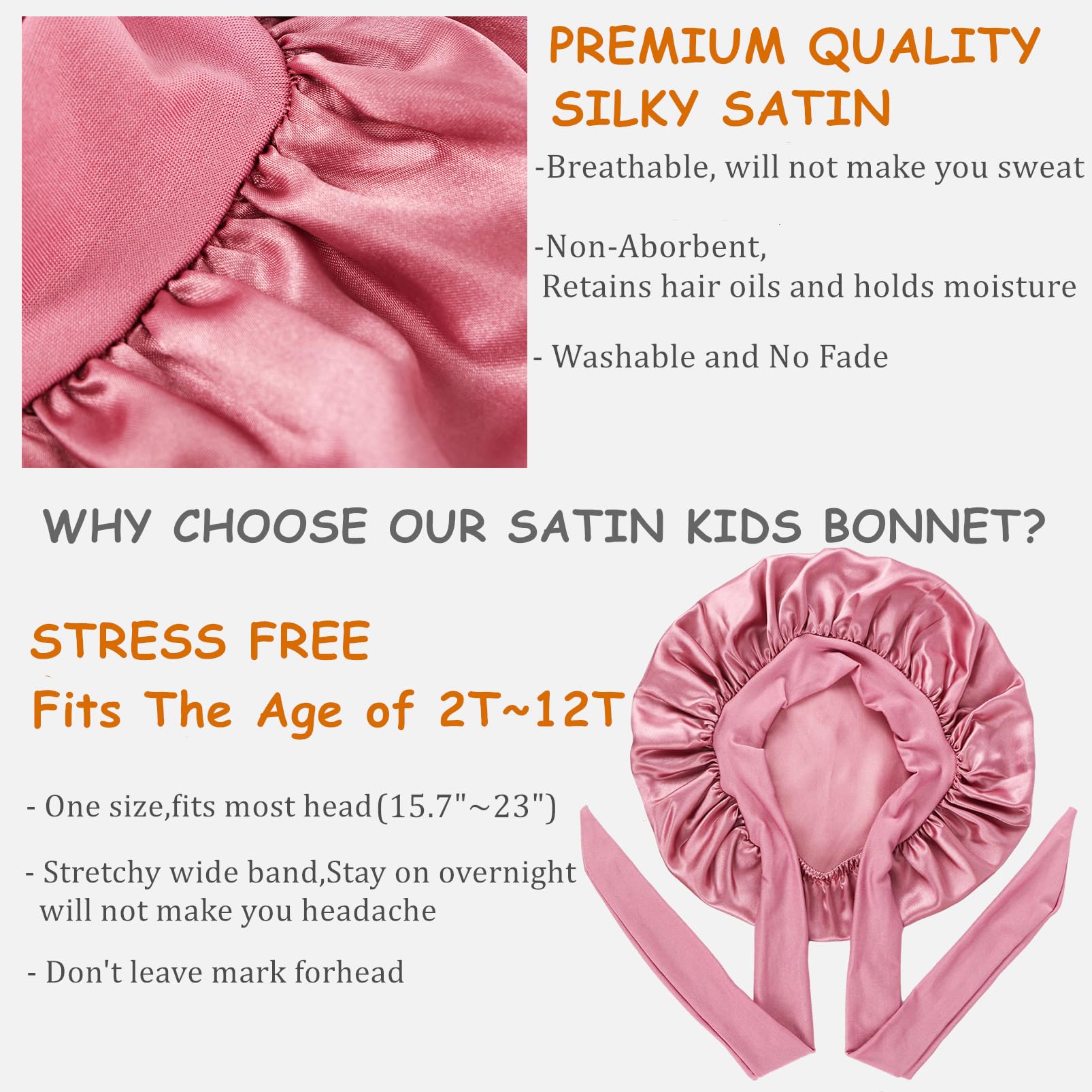 Black and rose gold soft satin head cover bonnet set for children curly hair maintenance