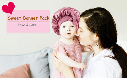 Authentic imported USA satin sleep caps for toddlers and big kids displayed together