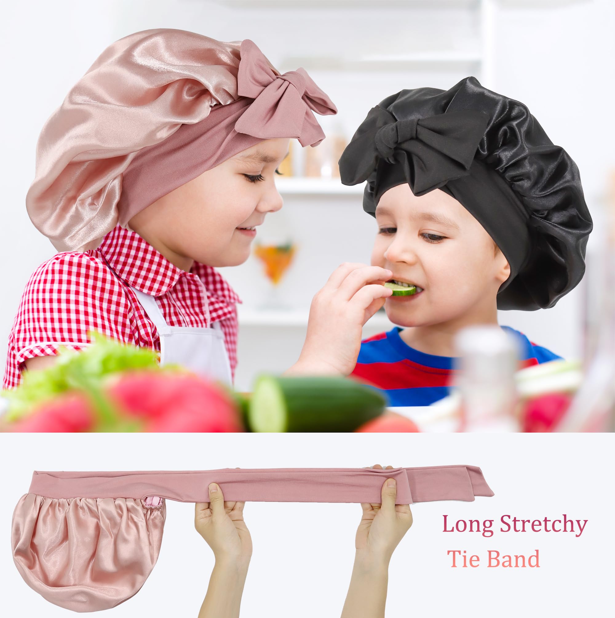Two pieces of reversible satin hair caps for children displaying both the cute printed pattern side and the solid color lining
