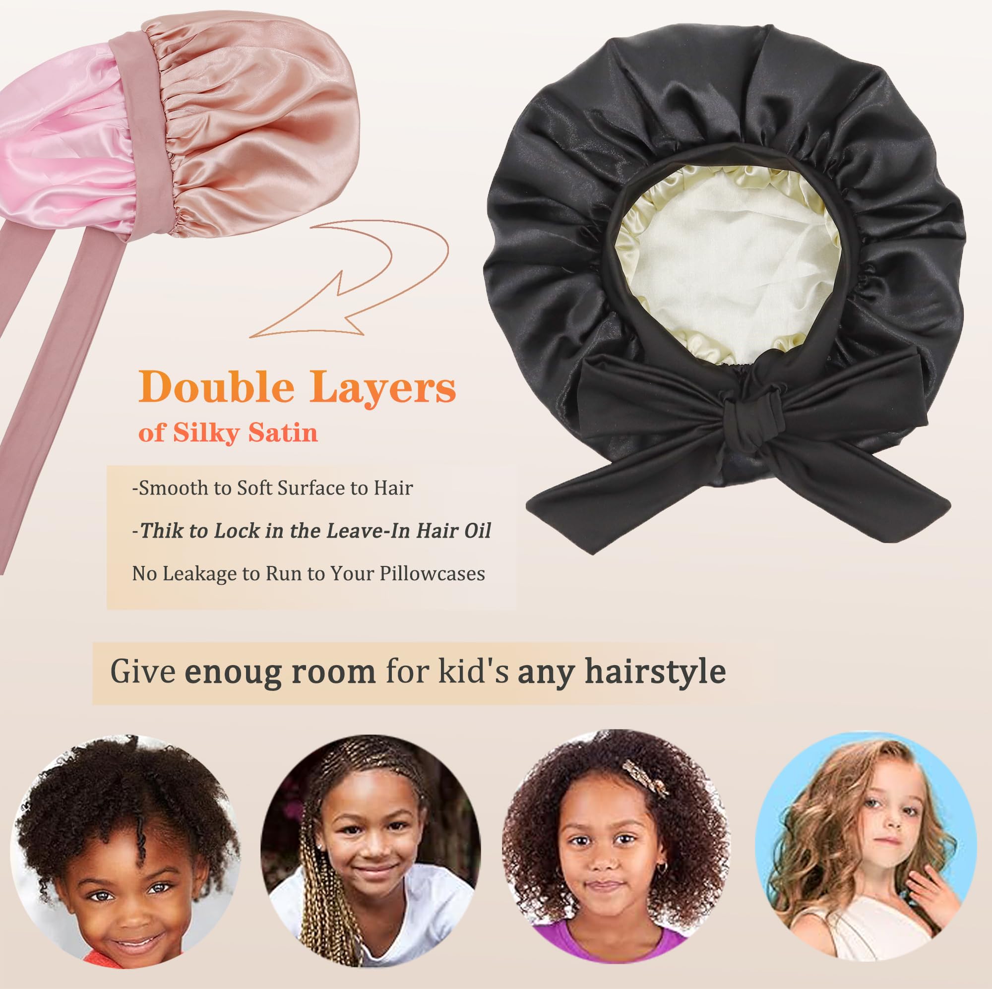 SAYMRE child satin hair wrapping cap for curly natural hair showing the high quality hypoallergenic stitching and premium fabric texture