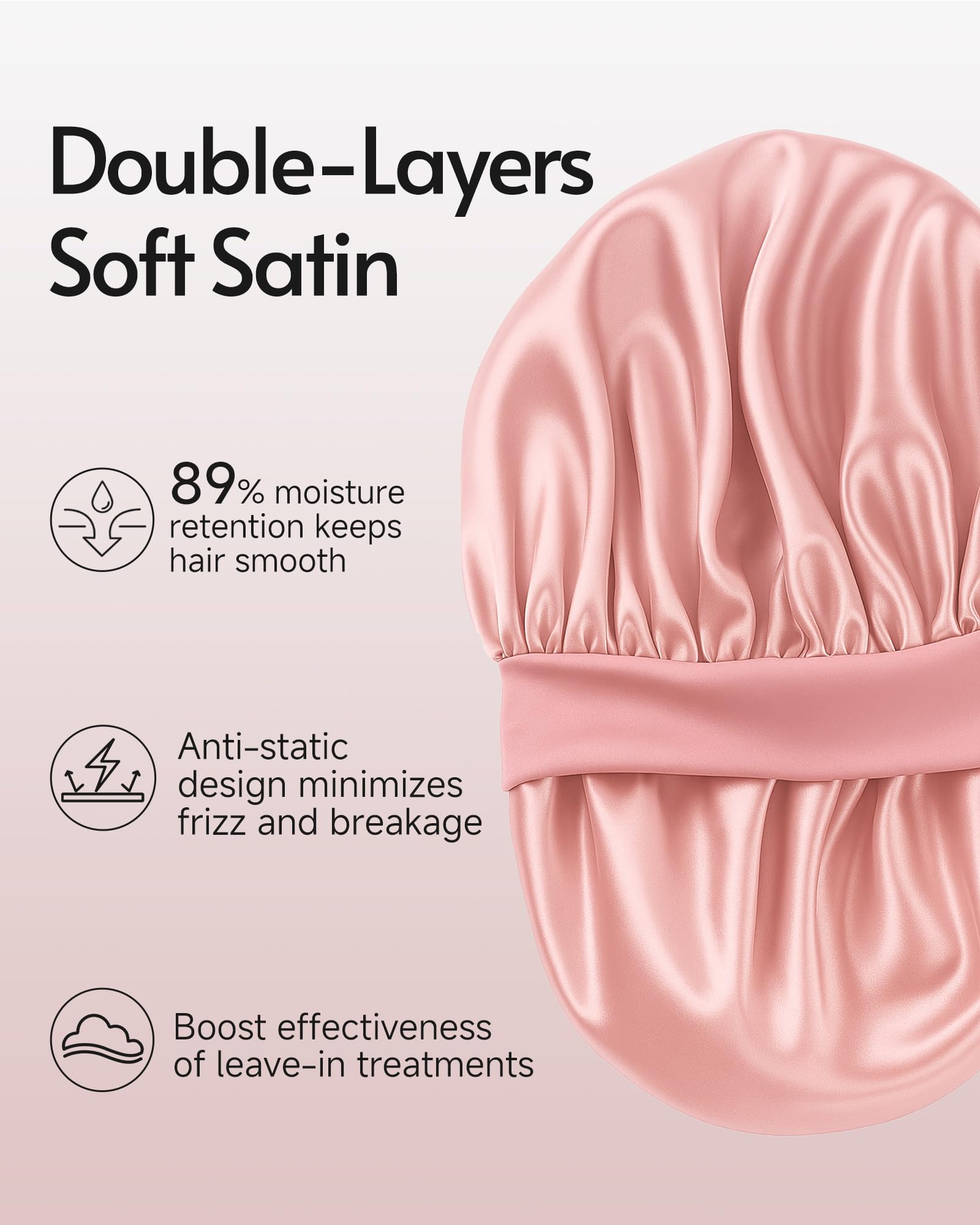 Three pieces of double layer sleep caps in black pink and purple colors displayed together.