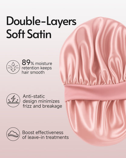 Three pieces of double layer sleep caps in black pink and purple colors displayed together.