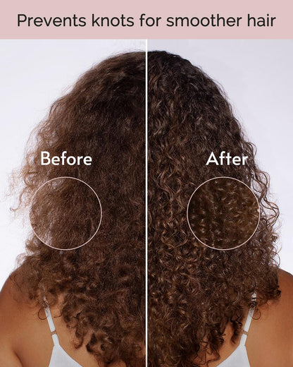 Side profile of a woman wearing the protective hair wrap cap comfortably during her nighttime routine.