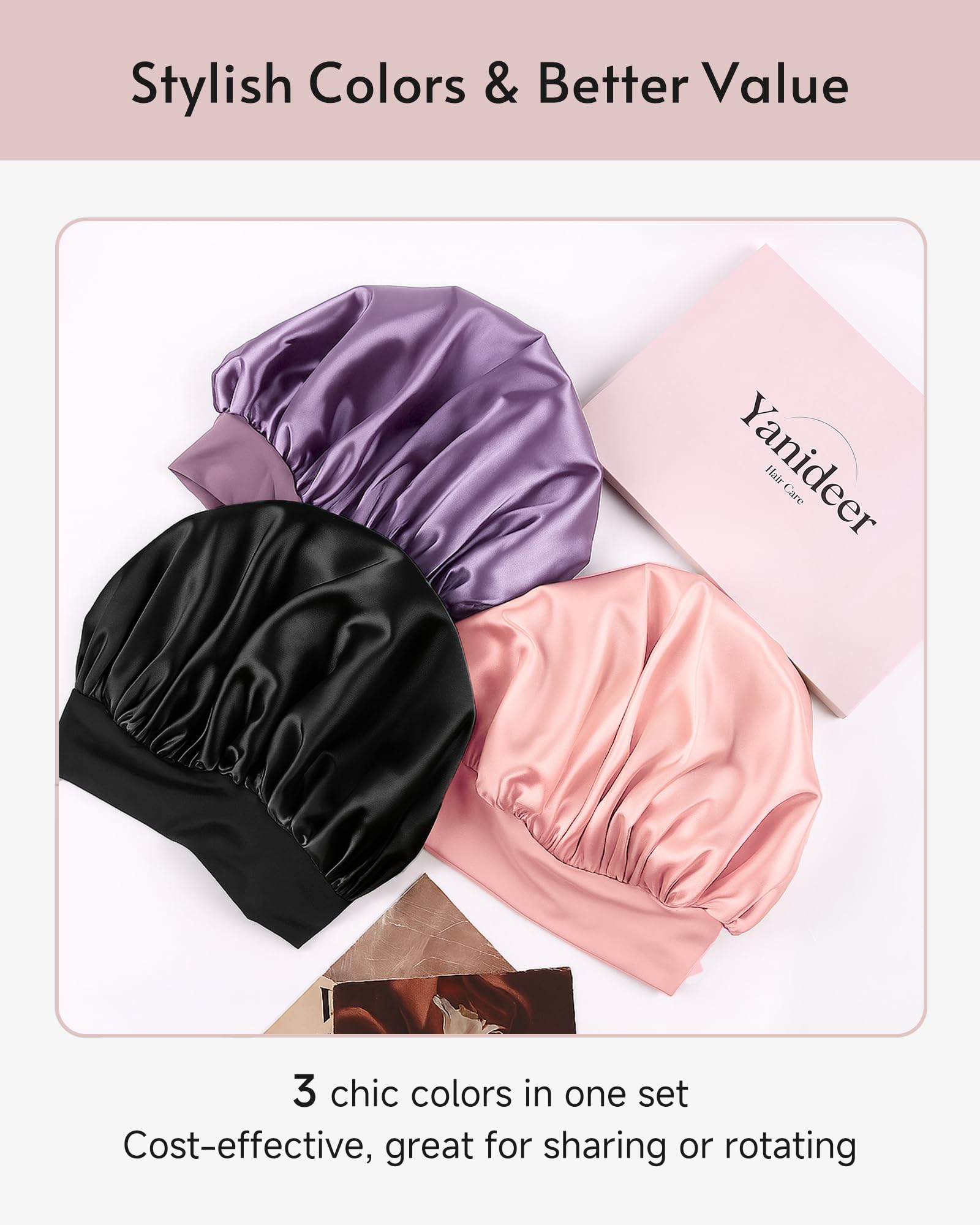 Packaging presentation of the three piece silk sleep caps showing the clean layout and included pouch.