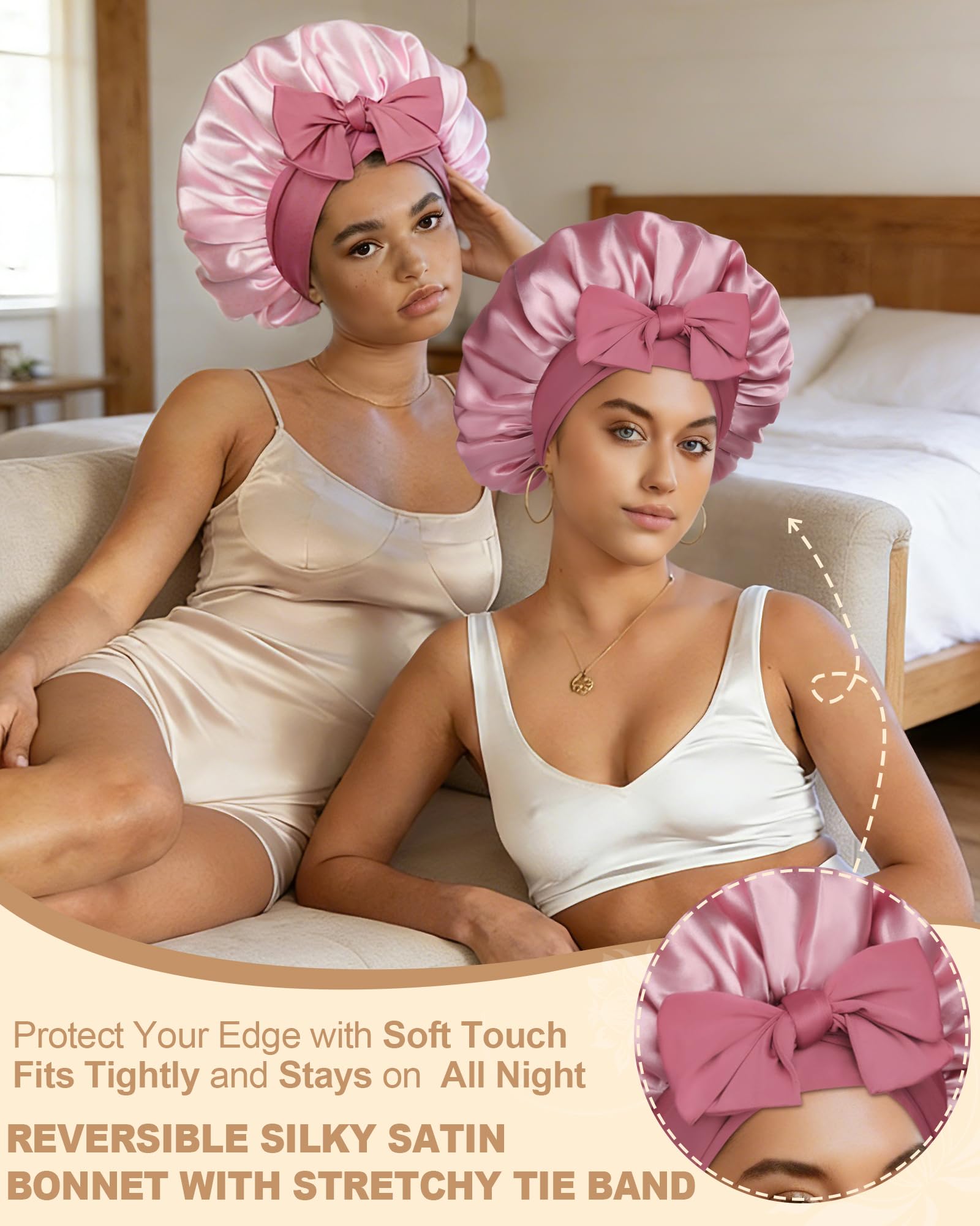 AWAYTR reversible sleep cap displaying the alternate pink color side on a model