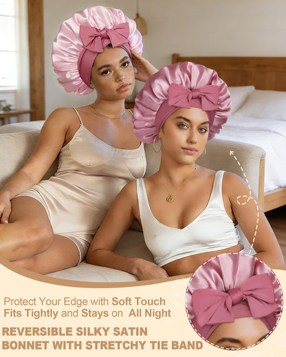 AWAYTR reversible sleep cap displaying the alternate pink color side on a model
