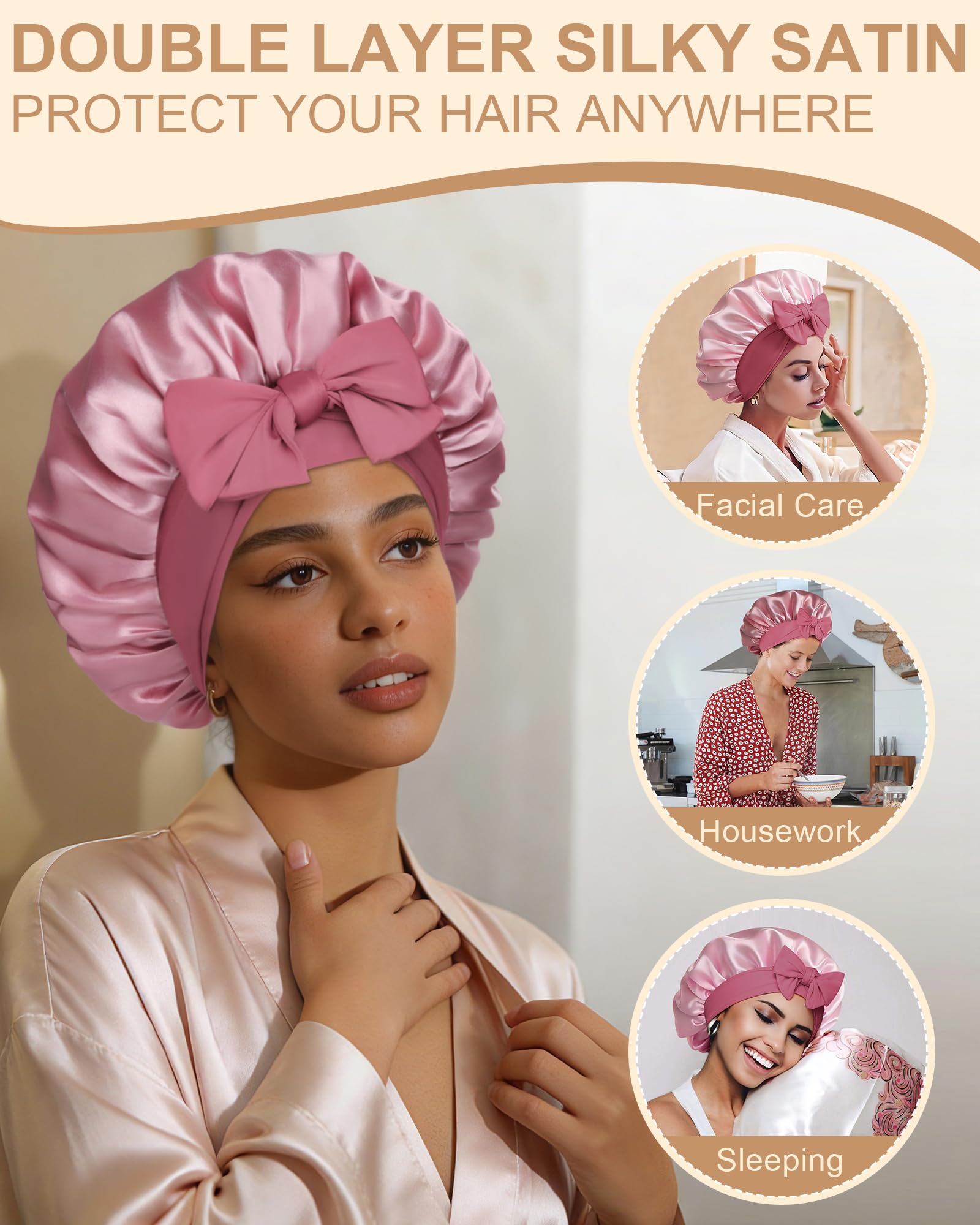 AWAYTR protective hair bonnet being adjusted for a secure overnight fit