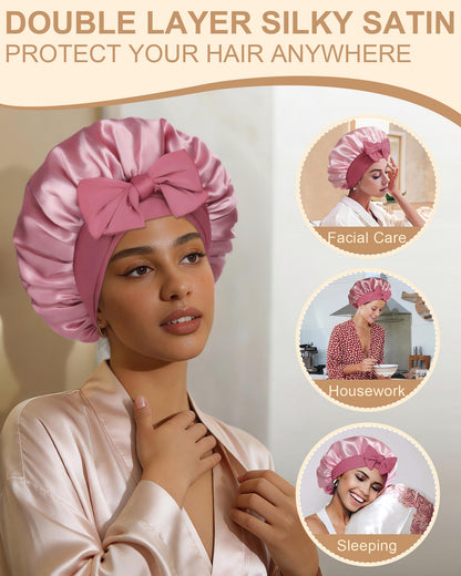 AWAYTR protective hair bonnet being adjusted for a secure overnight fit