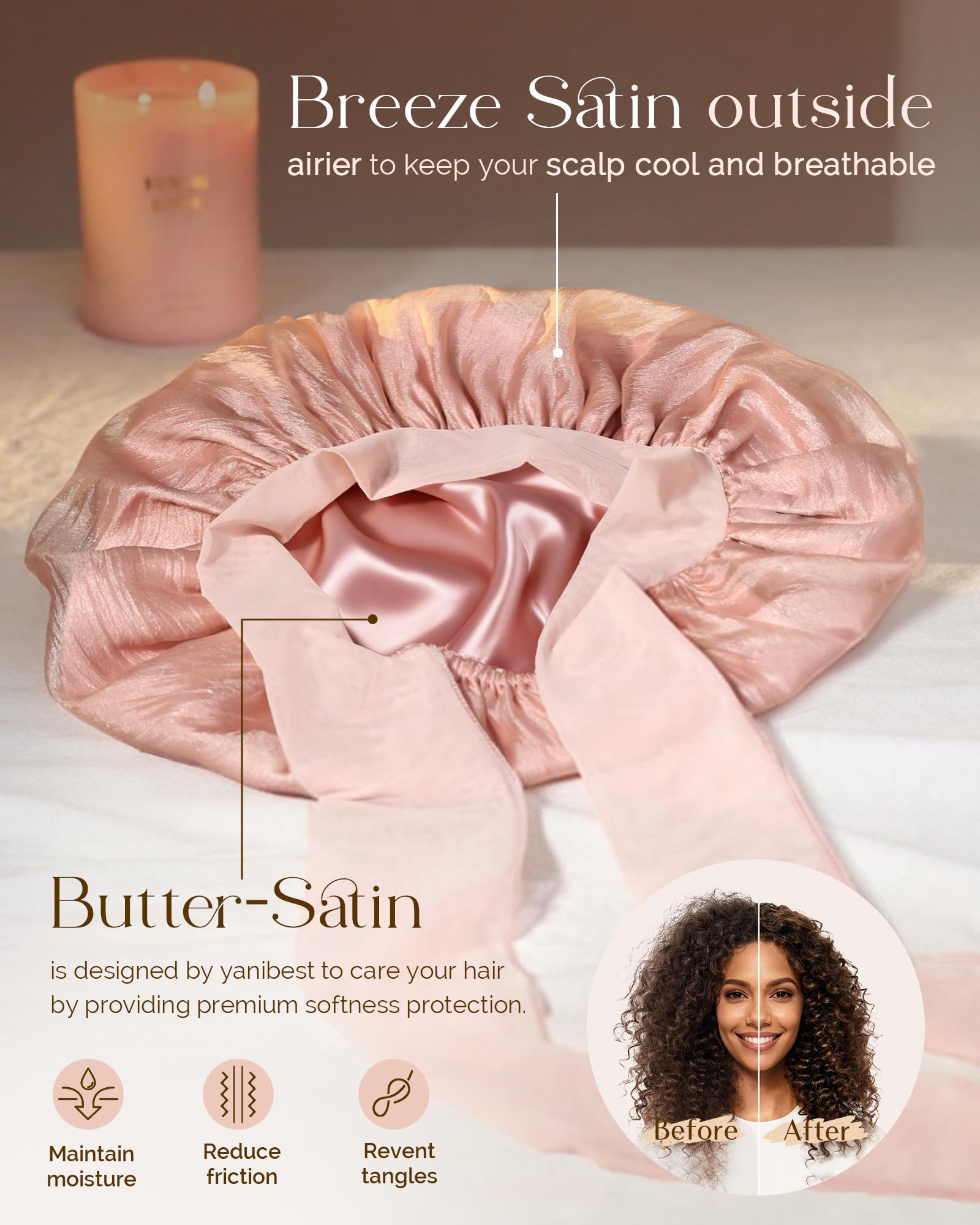 YANIBEST pink satin lined hair cap with adjustable tie band laid flat