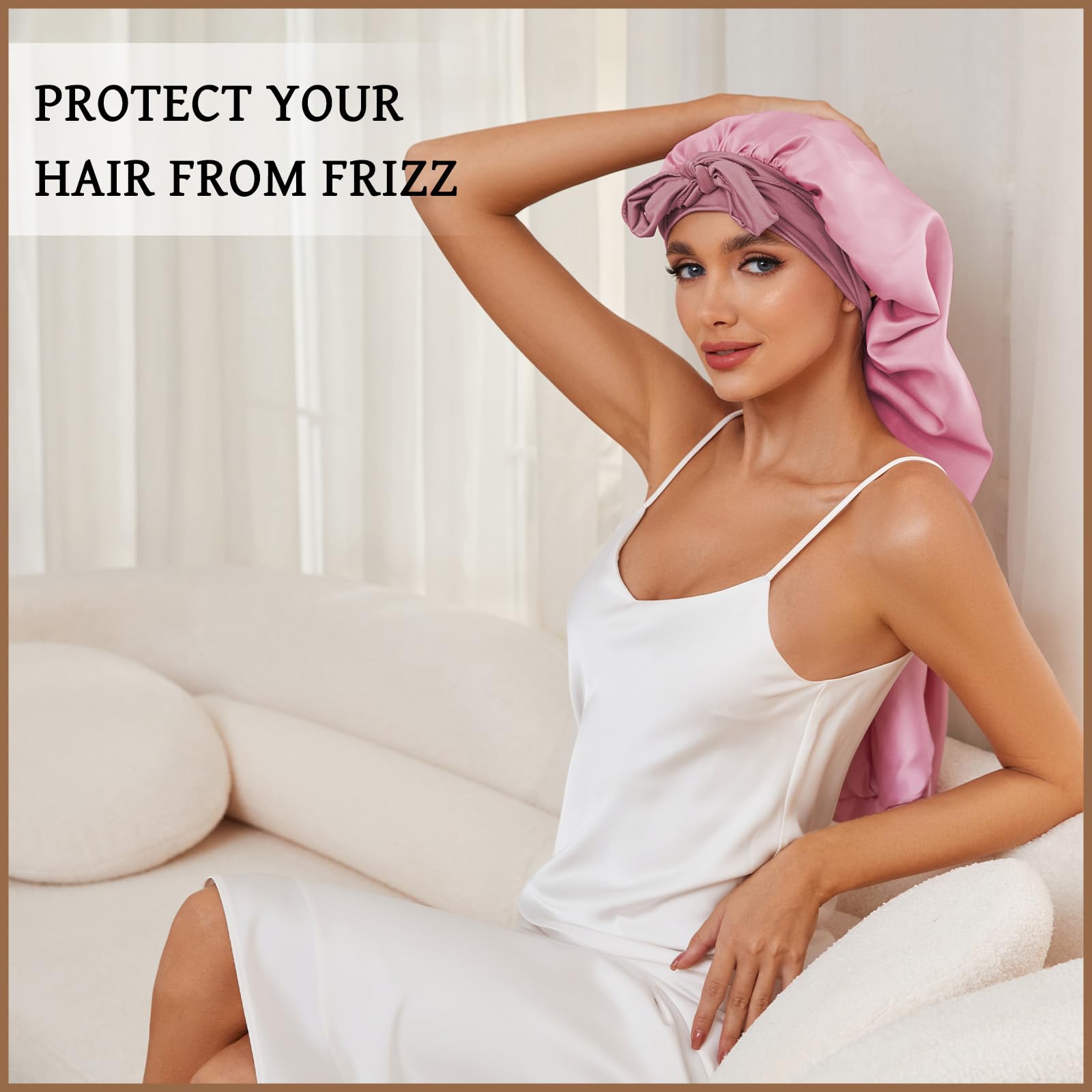 Extra large satin bonnet for braids worn securely with adjustable tie band for nighttime protection