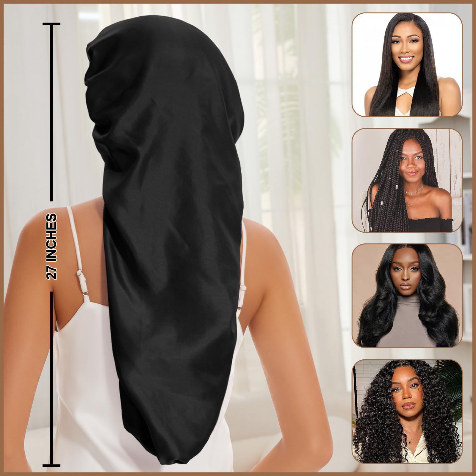 Back view of the extra long satin sleeping cap showcasing full coverage for long tresses