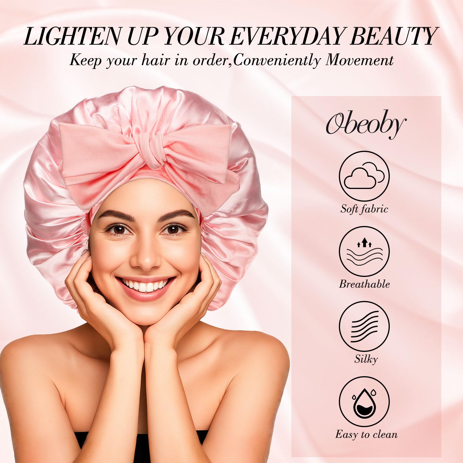 Pink satin hair protection bonnet for women with curly and wavy natural hair textures