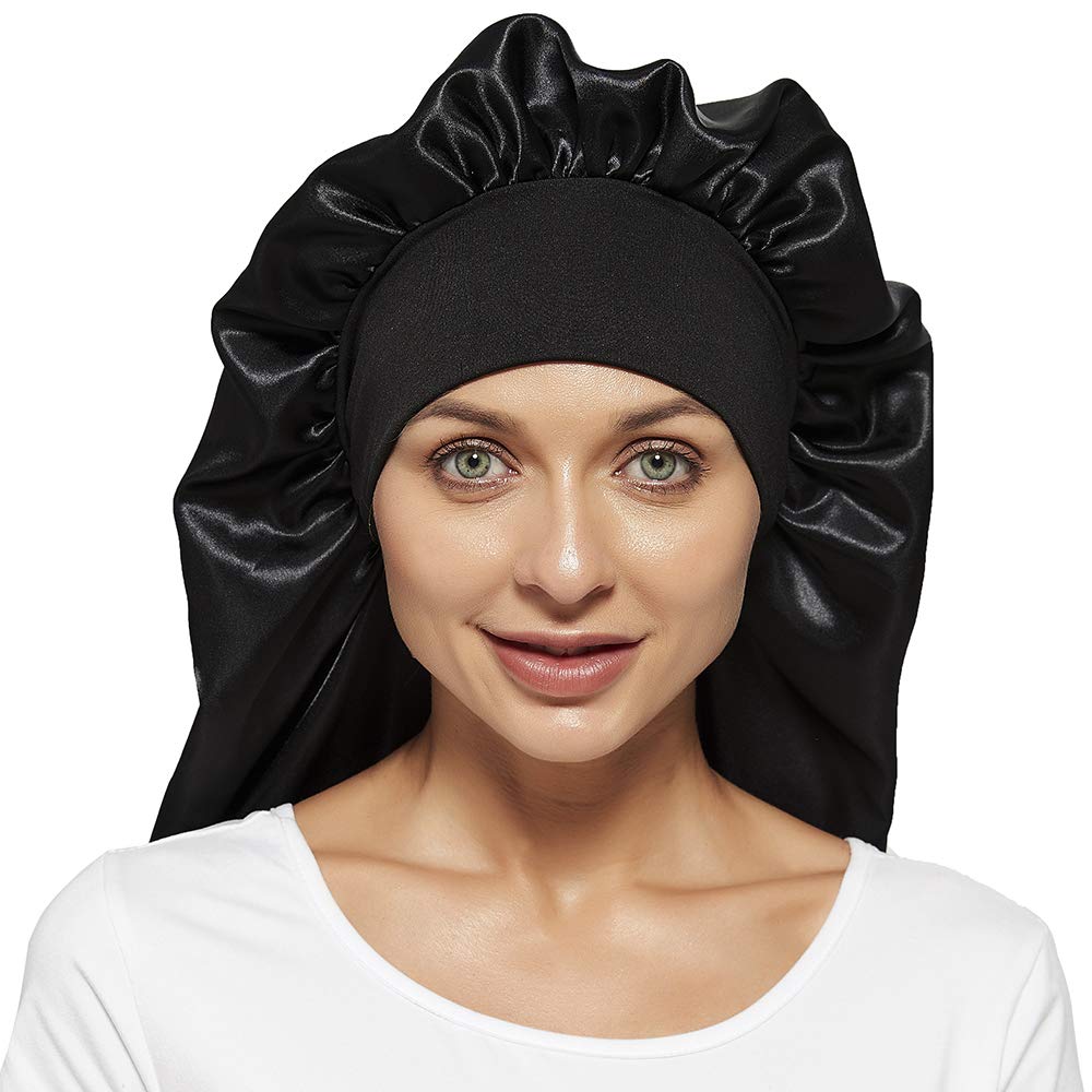 Satin bonnet for braids and long hair showing elastic band detail