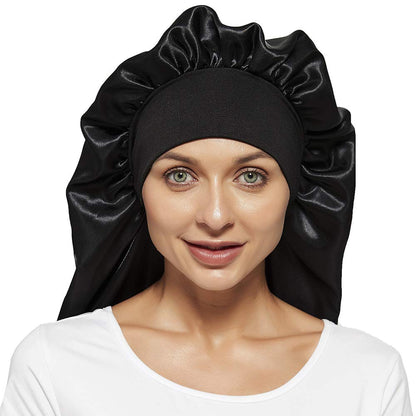 Satin bonnet for braids and long hair showing elastic band detail