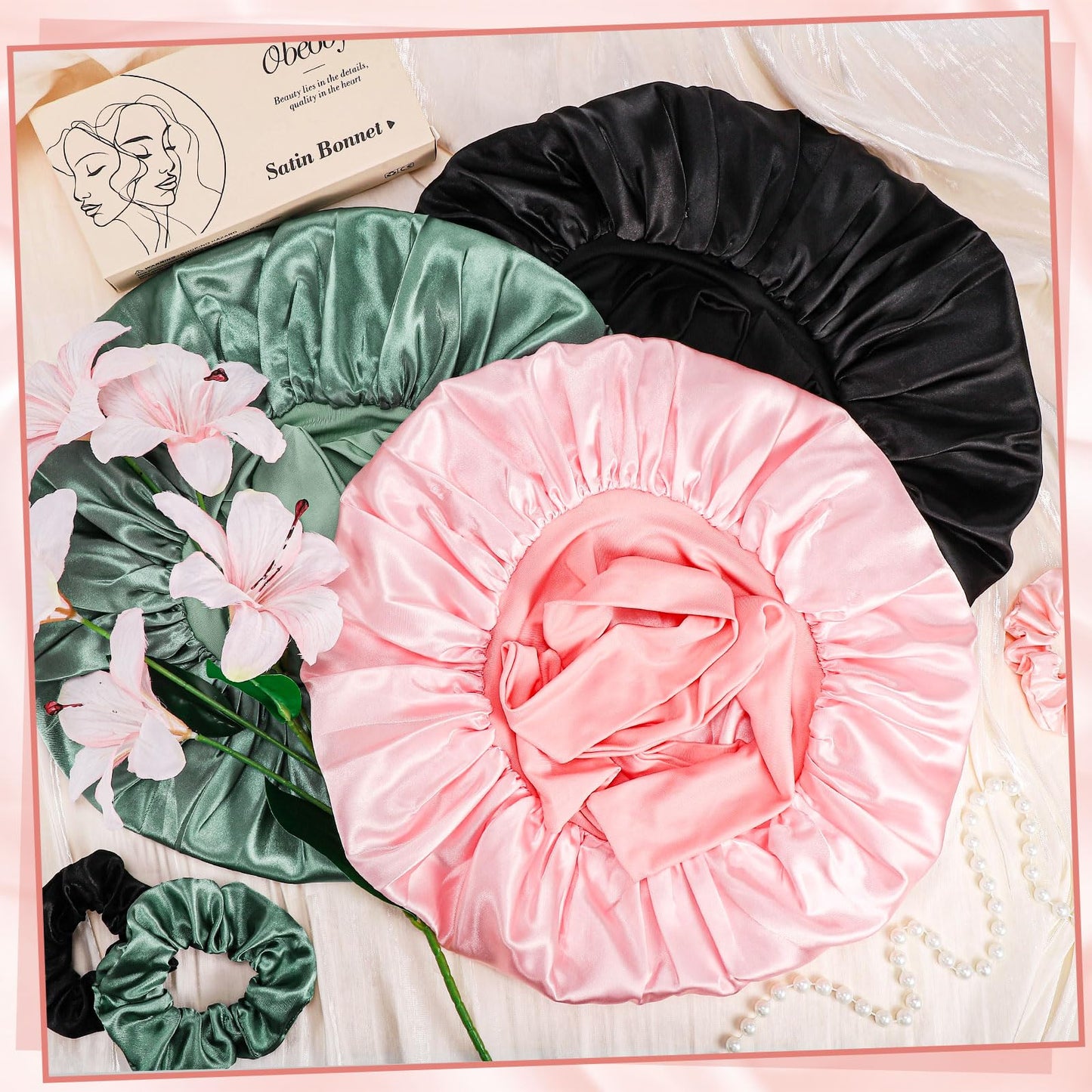Packaging of the USA imported luxury pink hair bonnet set for gifting
