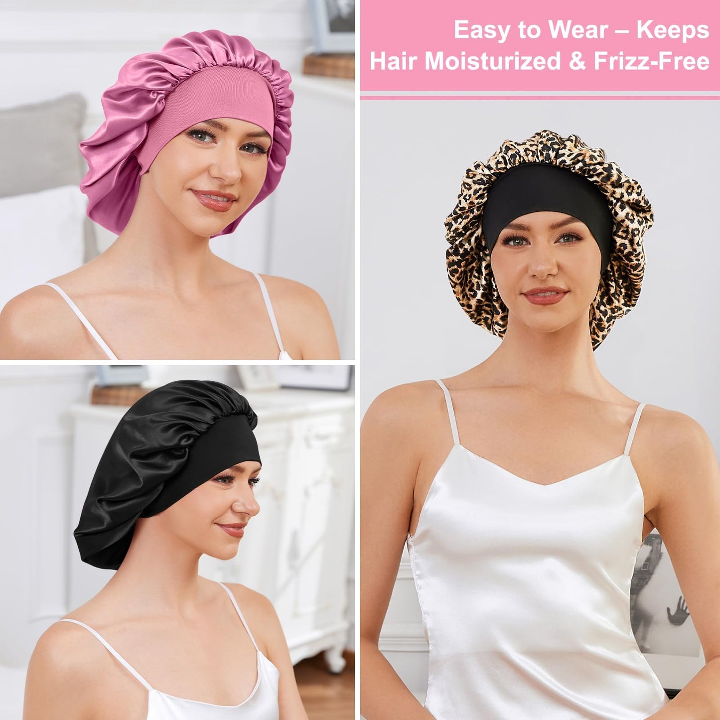 Three piece assortment of premium imported satin hair wraps for sleeping.