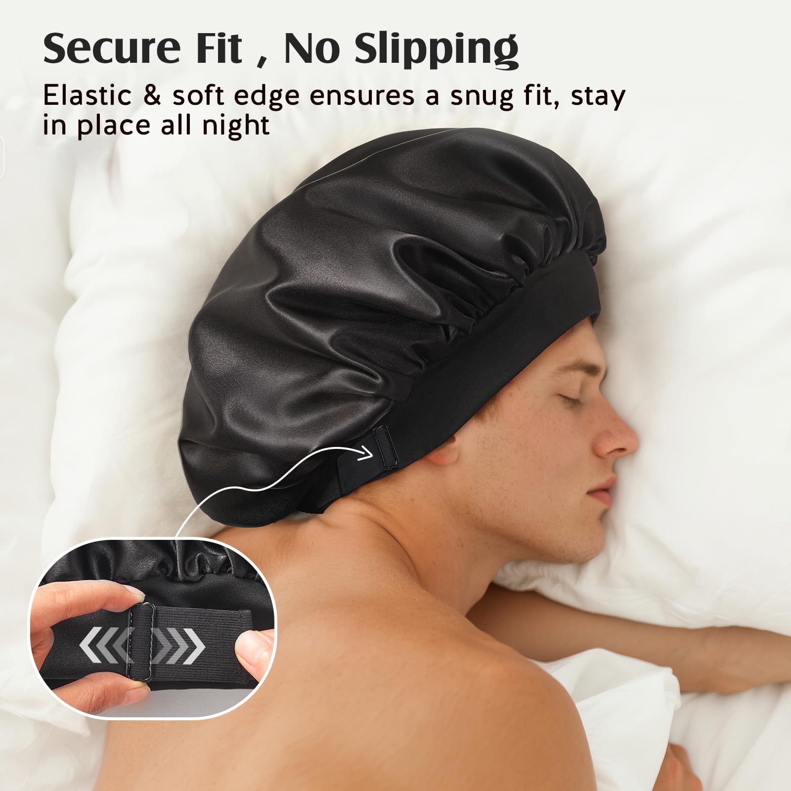 Side profile of a person wearing the black YFONG silk night bonnet for sleeping.