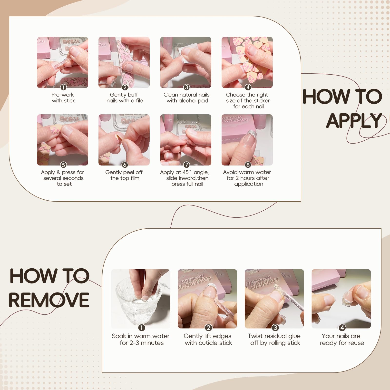 Applying waterproof press on nail stickers using Bengong's Nails tabs