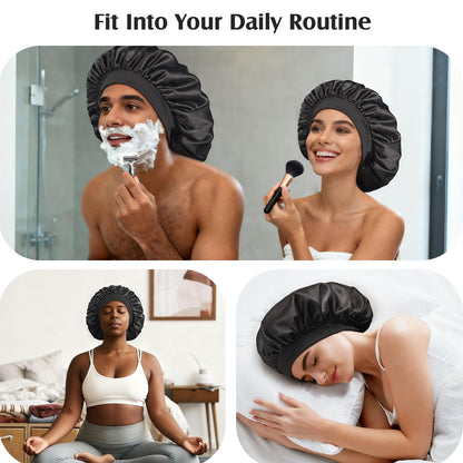 Oversized black premium silk lined bonnet demonstrating stretch and volume capacity.