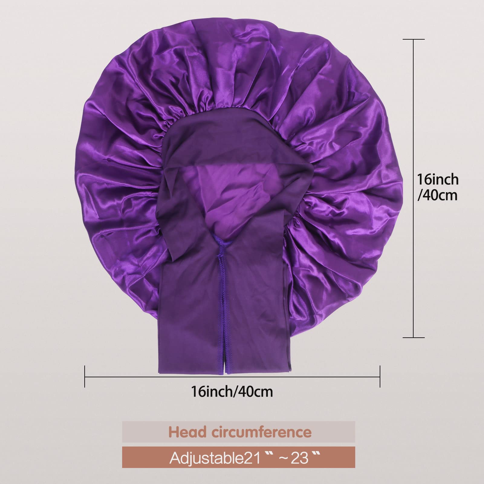 Model wearing the purple large sleeping bonnet for curly hair protection